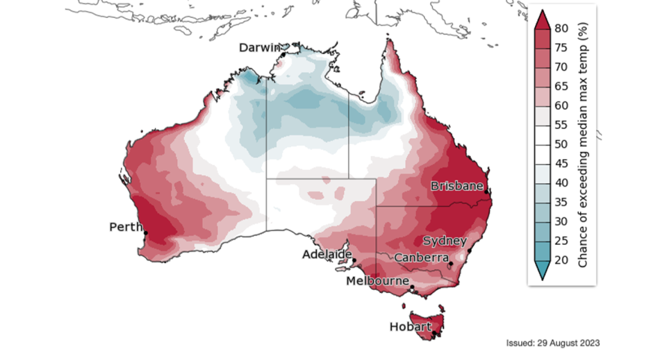 Maps showing the chances of median maximum temperatures being exceeded, for September 3-16 left and 10-23 right. Dark red represents an 80% chance of higher temperatures.