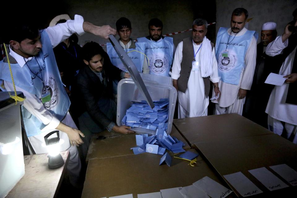 Afghan election workers remove ballots from a box at a polling station in Jalalabad, east of Kabul, Afghanistan, Saturday, April 5, 2014. The Taliban threatened to target voters and polling places, but there were few instances of violence. The vote will decide who will replace President Hamid Karzai, who is barred constitutionally from seeking a third term. Partial results are expected as soon as Sunday. (AP Photo/Rahmat Gul)