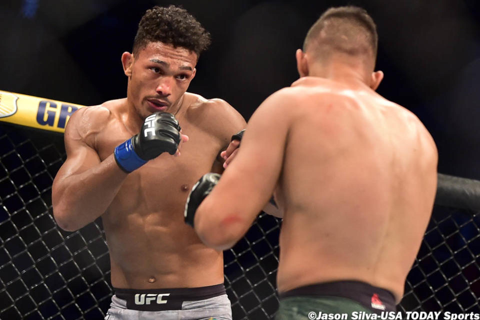 Aug 10, 2019; Montevideo, MO, Uruguay; Rodrigo Kazula Vargas (red gloves) vs. Alex “Leko” da Silva (blue gloves) during UFC at Antel Arena. Mandatory Credit: Jason Silva-USA TODAY Sports