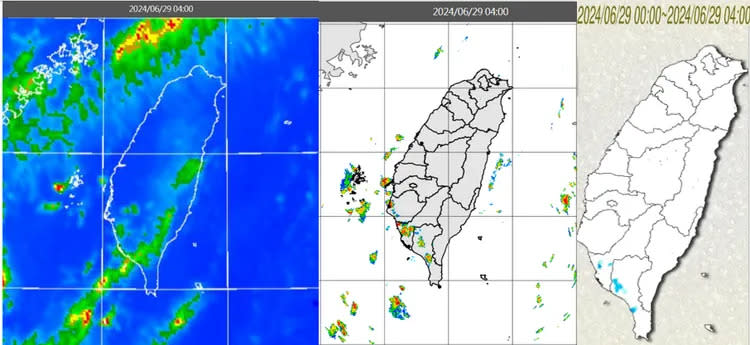 今(29日)晨4時紅外線色調強化雲圖顯示，台灣大致晴朗(左圖)。4時雷達回波合成圖顯示，西南部有零星回波移入(中圖)。4時累積雨量圖顯示，西南部有局部降雨(右圖)。氣象應用推廣基金會