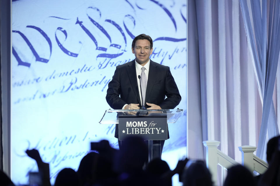 Republican presidential candidate Florida Gov. Ron DeSantis speaks at the Moms for Liberty meeting in Philadelphia, Friday, June 30, 2023. (AP Photo/Matt Rourke)