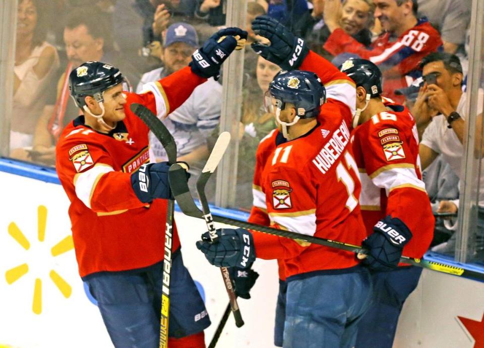 Florida Panthers Jonathan Huberdeau (11) celebrates his second period goal and 18th of the season as they play the Toronto Maple Leafs at the BB&T Center in Sunrise, Florida, Sunday, January, 12, 2020.