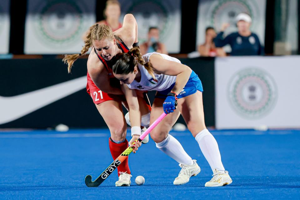 Team USA's Ally Hammel, who grew up in Duxbury, competes at the field hockey Olympic qualifying tournament in Ranchi, India, last month. The U.S. was runner-up to Germany, securing a spot in the 2024 Summer Olympics in Paris.