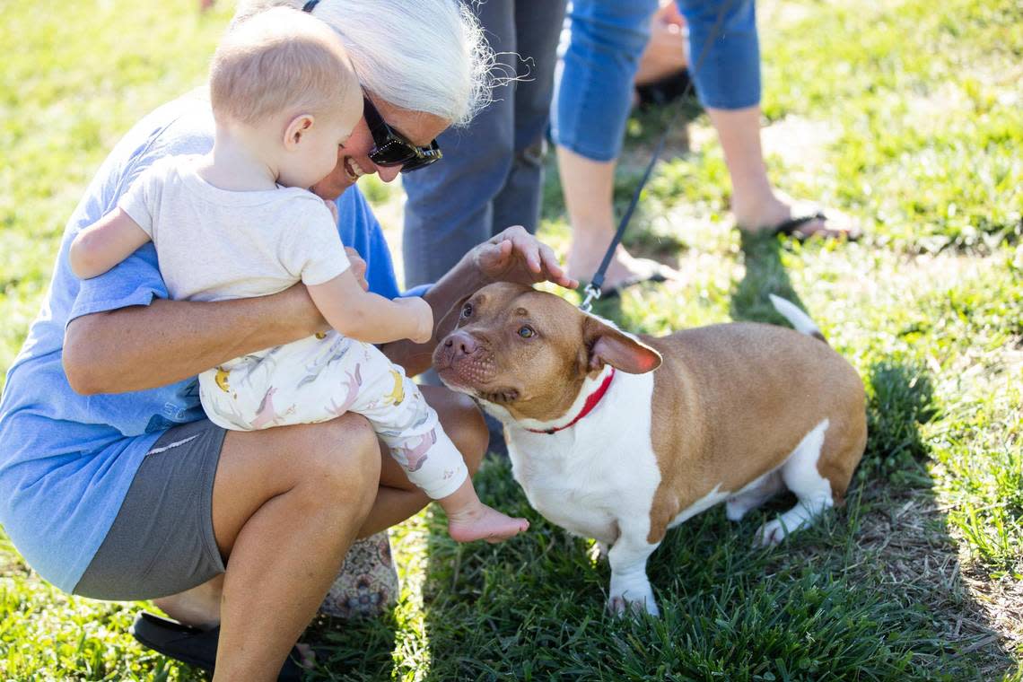 Lavender Oliva is held by her grandmother Suzanne Bennett during a ribbon cutting ceremony at Veterans Park in Lexington, Ky., Wednesday, August 31, 2022.