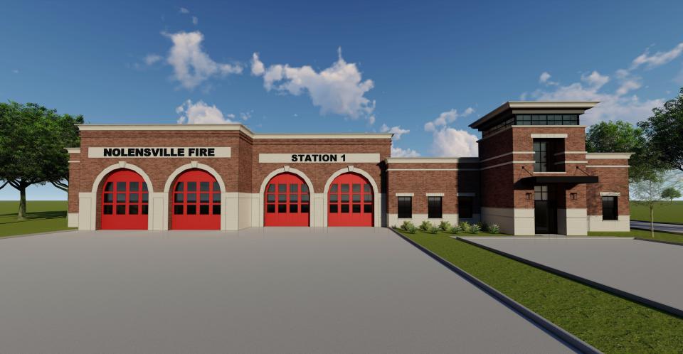 A June 2022 rendering of Fire Station 1 in Nolensville, Tenn. The city is building its first full-time fire station.