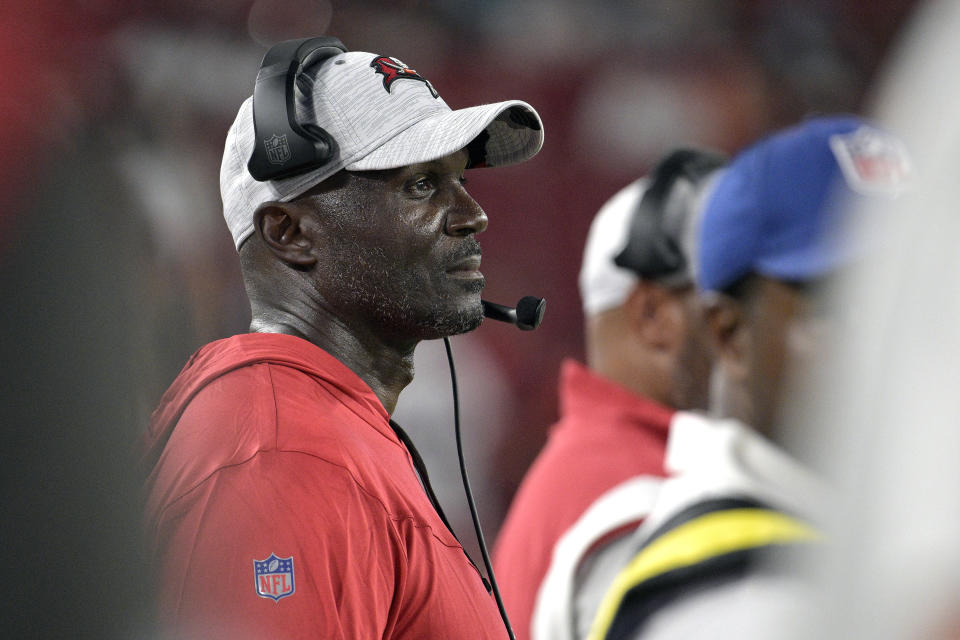 Tampa Bay Buccaneers head coach Todd Bowles during the second half of an NFL preseason football game against the Miami Dolphins Saturday, Aug. 13, 2022, in Tampa, Fla. (AP Photo/Phelan M. Ebenhack)