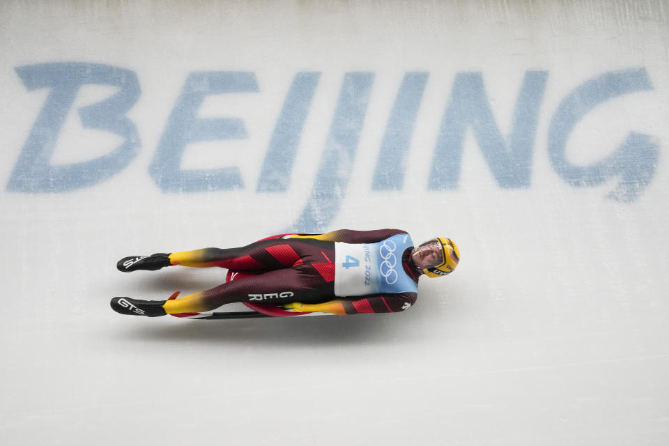 FILE - Johannes Ludwig, of Germany, competes during the luge men's single final run at the 2022 Winter Olympics, on Feb. 6, 2022, in the Yanqing district of Beijing. Ludwig announced his retirement Monday, May 16, 2022, on social media. (AP Photo/Dmitri Lovetsky, File)