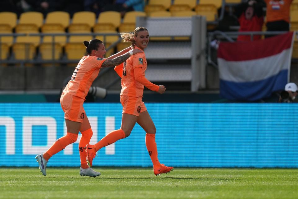 Jul 27, 2023; Wellington, NZL; Netherlands midfielder Jill Roord (6) reacts after scoring a goal against the United States during the first half in a group stage match for the 2023 FIFA Women's World Cup at Wellington Regional Stadium. Mandatory Credit: Jenna Watson-USA TODAY Sports