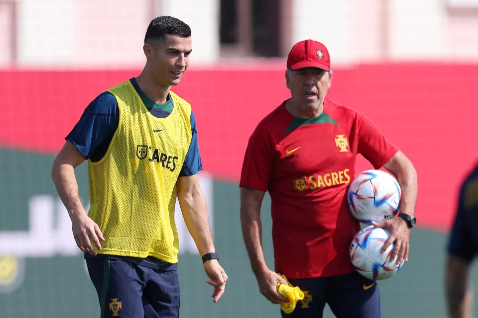 DOHA, QATAR - NOVEMBER 21: Cristiano Ronaldo of Portugal looks on during the Portugal Training Session at Al Shahaniya SC training centre on November 21, 2022 in Doha, Qatar. (Photo by Christopher Lee/Getty Images )