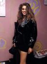 <p>Cindy Crawford in an oversized black leather jacket in New York.</p>