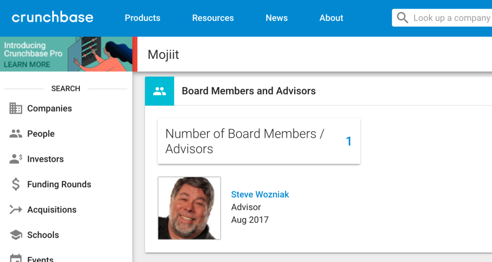 Mojiit’s Crunchbase page features Steve Wozniak prominently as an advisor. He is not. (Screenshot)