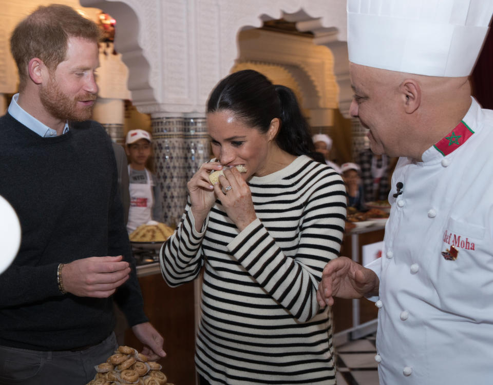 Harry and Meghan tucked into the very British feast on Sunday night, (pictured in Morocco). Photo: Getty Images