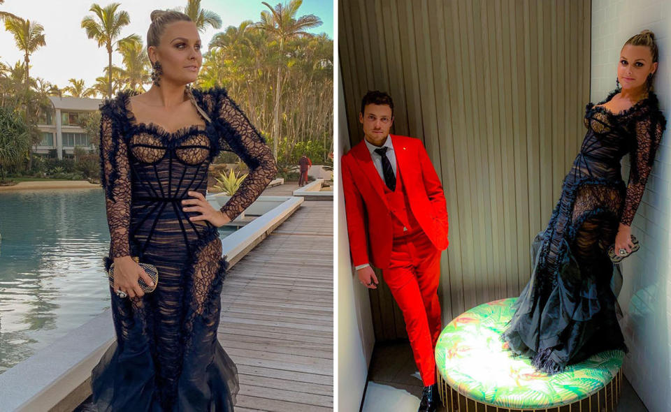 Sophie blew fans away with her intricate black dress at the 2019 Logie Awards. Photos: Instagram/sophiedillman & paddy.oco