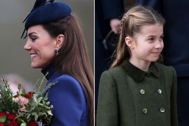 <p>ADRIAN DENNIS/AFP via Getty; Mark Cuthbert/UK Press via Getty</p> Kate Middleton on Christmas Day 2023; Princess Charlotte on Christmas Day 2023.