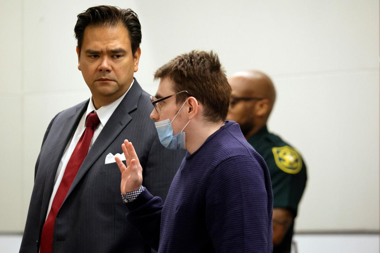 Marjory Stoneman Douglas High School shooter Nikolas Cruz is sworn in and waives his right to be present at the school while the jury walks through the crime scene, Thursday, Aug. 4, 2022.