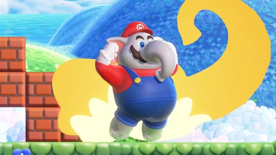 Mario powered up as a big gray elephant in Super Mario Bros. Wonder