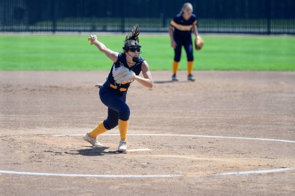 Big Valley Christian pitcher Ava Hernandez delivers a pitch during the Sac-Joaquin Section Division VII championship against No. 3 Buckingham Charter at Cosumnes River College on Saturday, May 18, 2024.