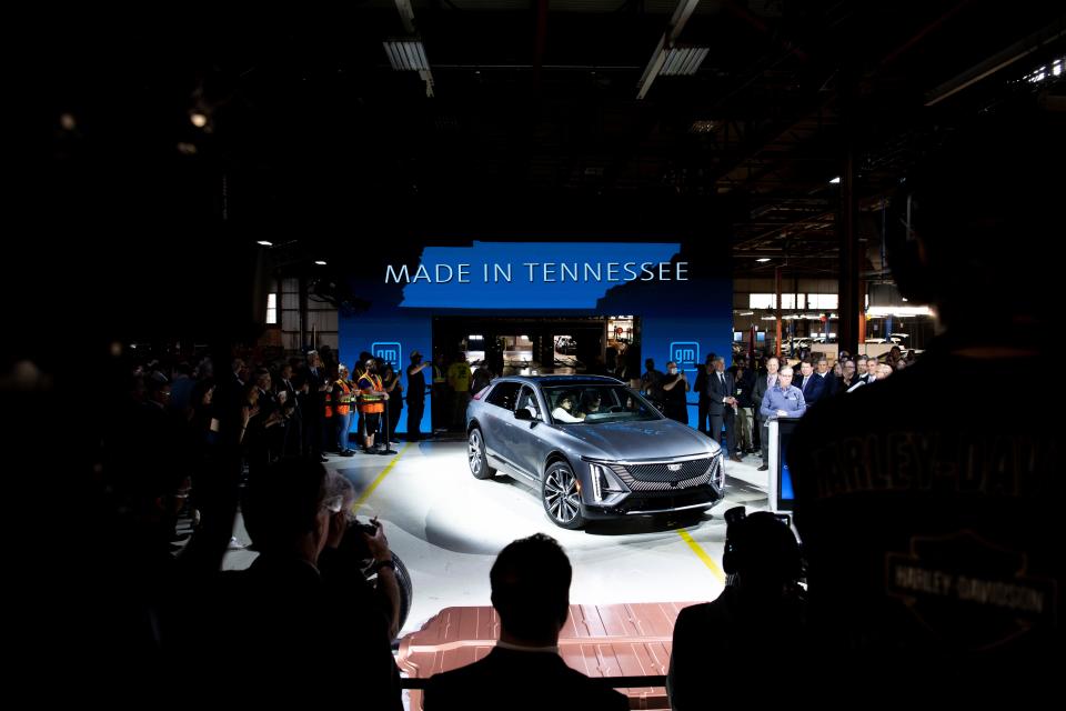 The first all electric Cadillac Lyriq is driven off the assembly line at General Motors' plant in  Spring Hill, Tenn., Monday, March 21, 2022.