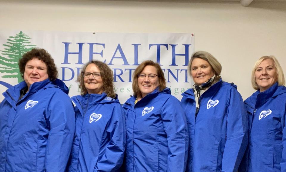 The Health Department of Northwest Michigan (HDNW) is working with registered dental hygienists to train for and schedule school oral health screenings throughout the region’s 31 counties. The team includes (from left) Rene Louchart, Caroline Sarya, Angie Sutton, Dawn Marie Strehl and Valerie Witt. Missing is Kara McLellan.