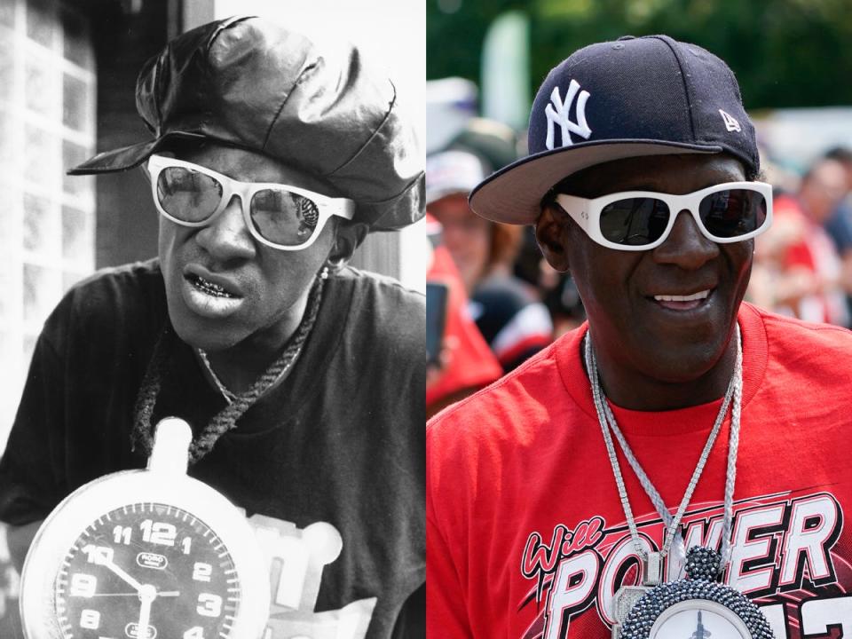 Flavor Flav posing for a portrait in 1988 and at the IndyCar Detroit Grand Prix auto race in 2023.