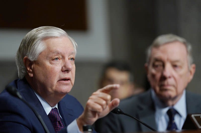 At a Senate hearing Wednesday on social media, Sen. Lindsey Graham, R-S.C., told social media execs they have "blood" on their hands because of harms experienced by youth using social media. Photo by Bonnie Cash/UPI
