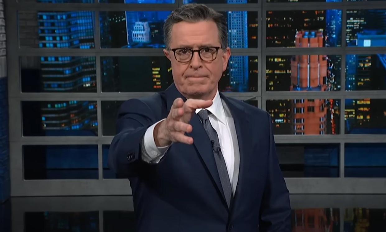 <span>Stephen Colbert: ‘Trump sells something that does terribly yet it makes him billions.’</span><span>Photograph: YouTube</span>