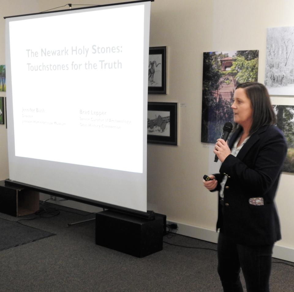 Director Jennifer Bush of the Johnson-Humrickhouse Museum speaks at a presentation about the Newark Holy Stones based on an article she and Brad Lepper wrote about the stones history and place in the museum.