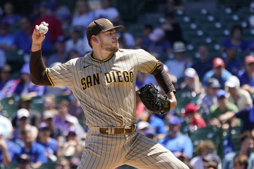 San Diego Padres starting pitcher Joe Musgrove delivers during the first inning of a baseball game against the Chicago Cubs Thursday, June 16, 2022, in Chicago. (AP Photo/Charles Rex Arbogast)