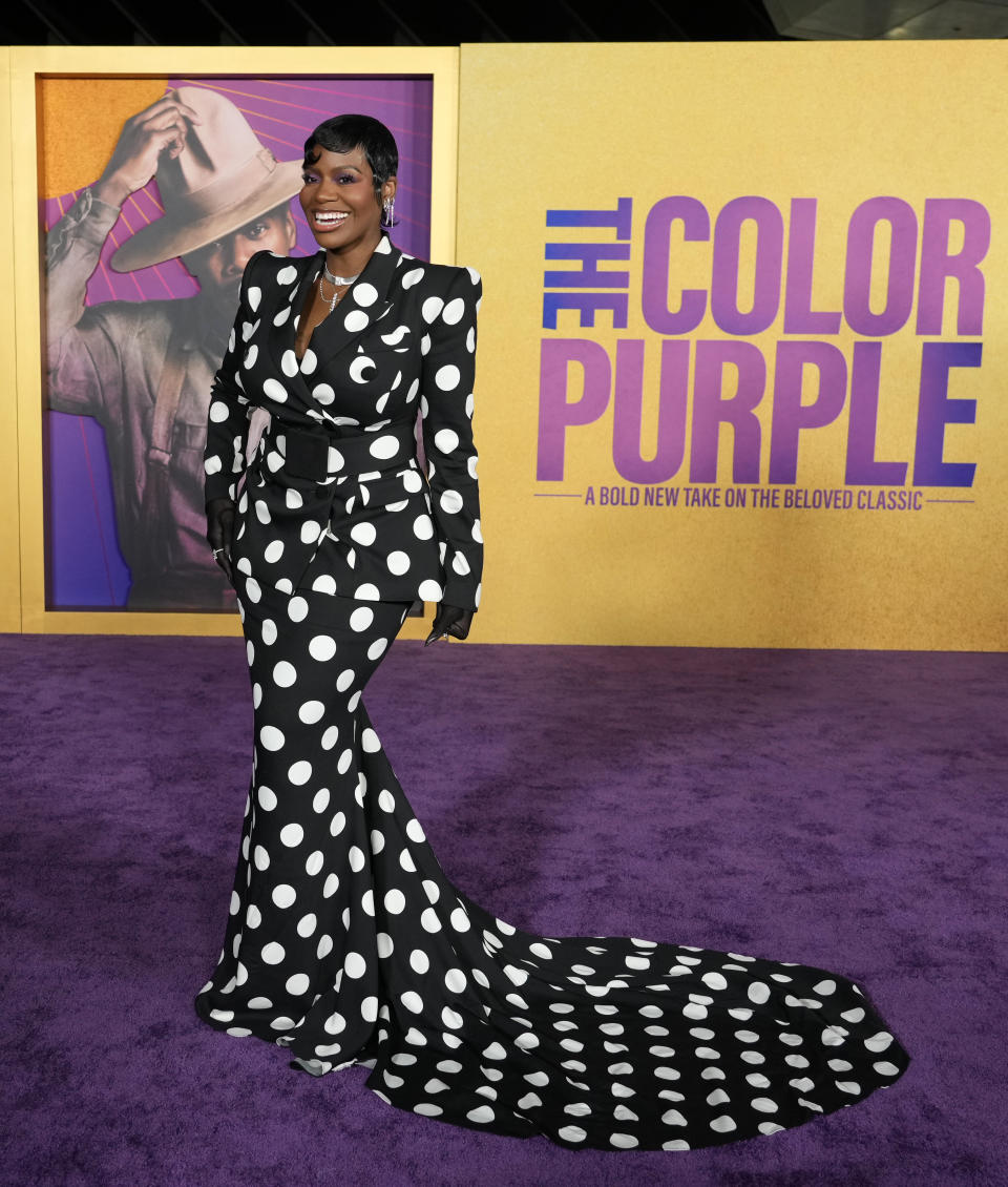 Fantasia Barrino, a cast member in "The Color Purple," poses at the premiere of the film at the Academy Museum of Motion Pictures, Wednesday, Dec. 6, 2023, in Los Angeles. (AP Photo/Chris Pizzello)