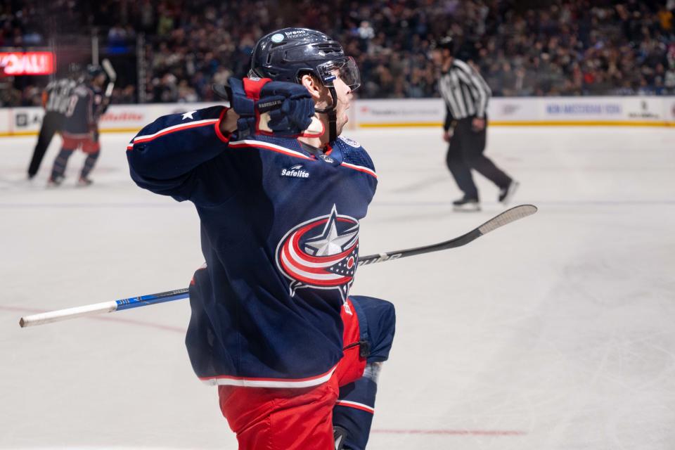 Dec 29, 2023; Columbus, Ohio, USA;
Columbus Blue Jackets center Adam Fantilli (11) celebrates after his game tying goal during the third period of their game against the Toronto Maple Leafs sending it into overtime on Friday, Dec. 29, 2023 at Nationwide Arena.