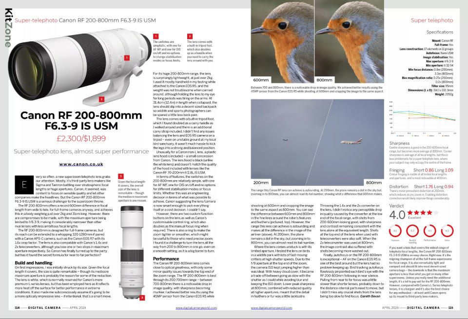 Digital Camera magazine's April 2024 review of the Canon RF200_800mm F6.3_9 IS USM lens