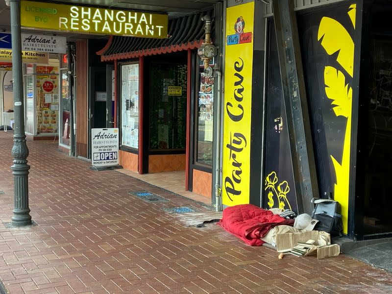 A view of personal items of a homeless person living on the sides of busy streets in Wellington