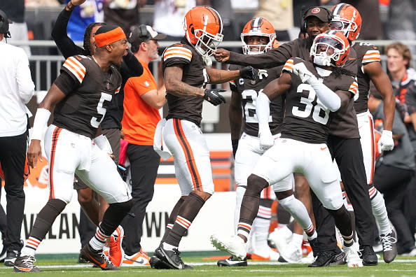 CLEVELAND, OHIO – SEPTEMBER 22: Tony Brown II #38 of the Cleveland Browns reacts with teammates during the first quarter against the New York Giants at Cleveland Browns Stadium on September 22, 2024 in Cleveland, Ohio. (Photo by Nic Antaya/Getty Images)