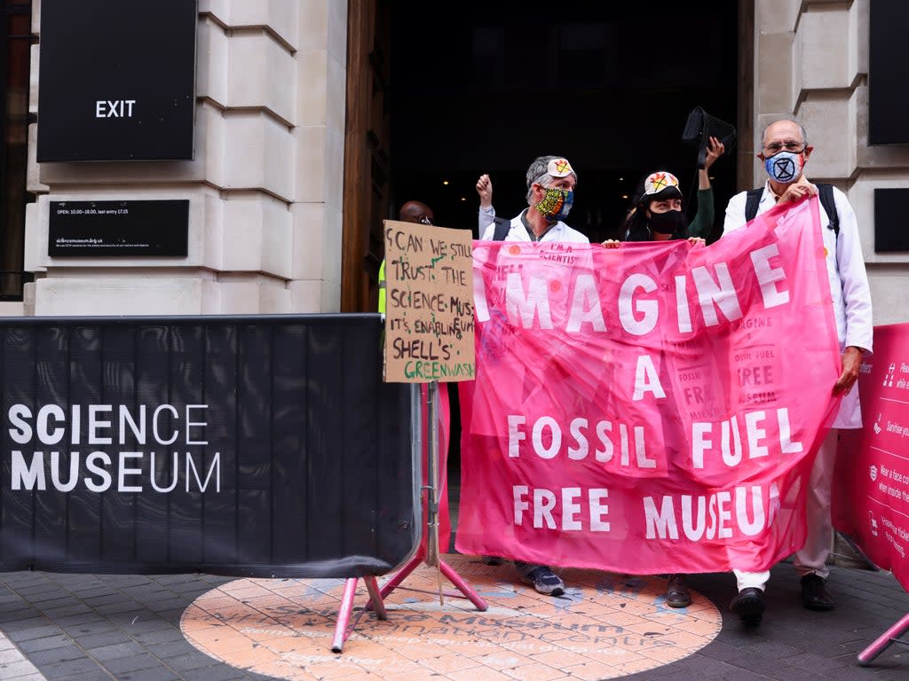 Protesters from Extinction Rebellion at the Science Museum in August after the announcement of the Shell sponsorship deal (Reuters)