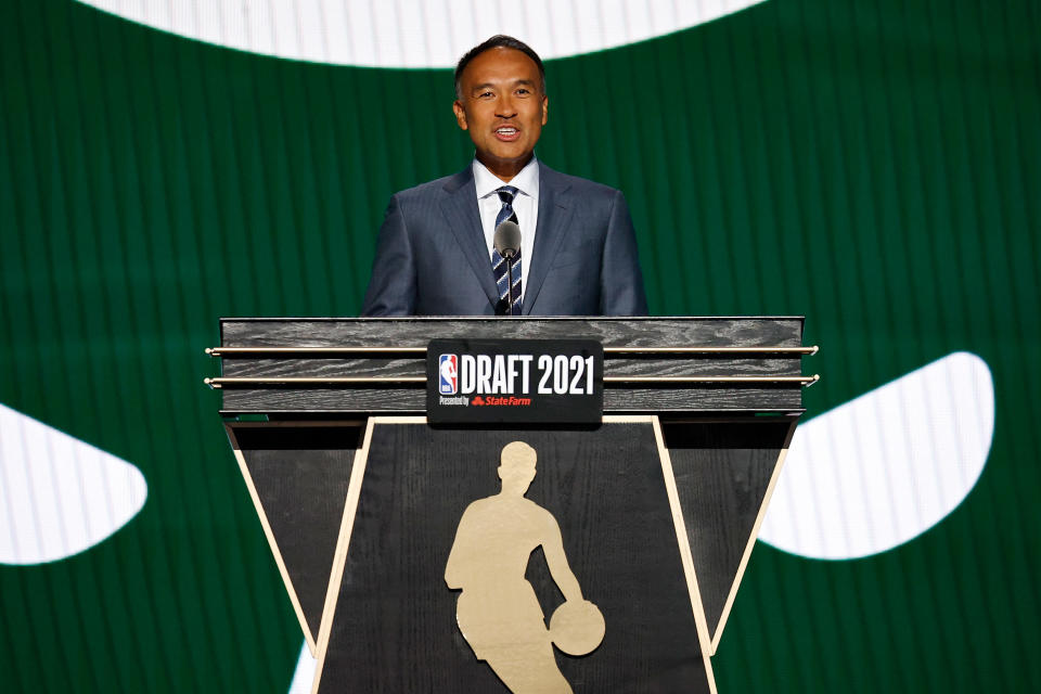 NBA deputy commissioner Mark Tatum announces a pick during the 2021 NBA draft. Tatum has been instrumental in helping the NBA diversify its coaching ranks. (Arturo Holmes/Getty Images)