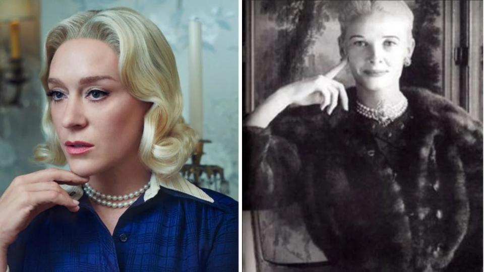 Chloë Sevigny as C.Z. Guest in "Feud: Capote Vs. The Swans" and the real Slim Keith and the real C.Z. Guest (FX, Wikipedia)