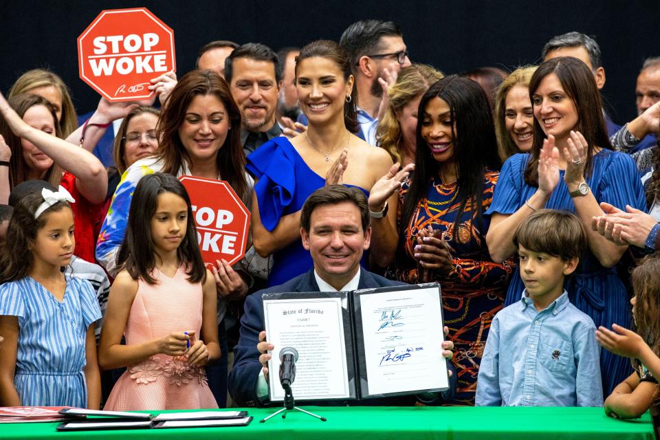 Florida Gov. Ron DeSantis reacts after publicly signing HB7, "individual freedom," also dubbed the "stop woke" bill during a news conference in April.