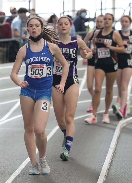 Brockport sophomore Desilets Dubois during the race walk at the high school indoor track state championships.