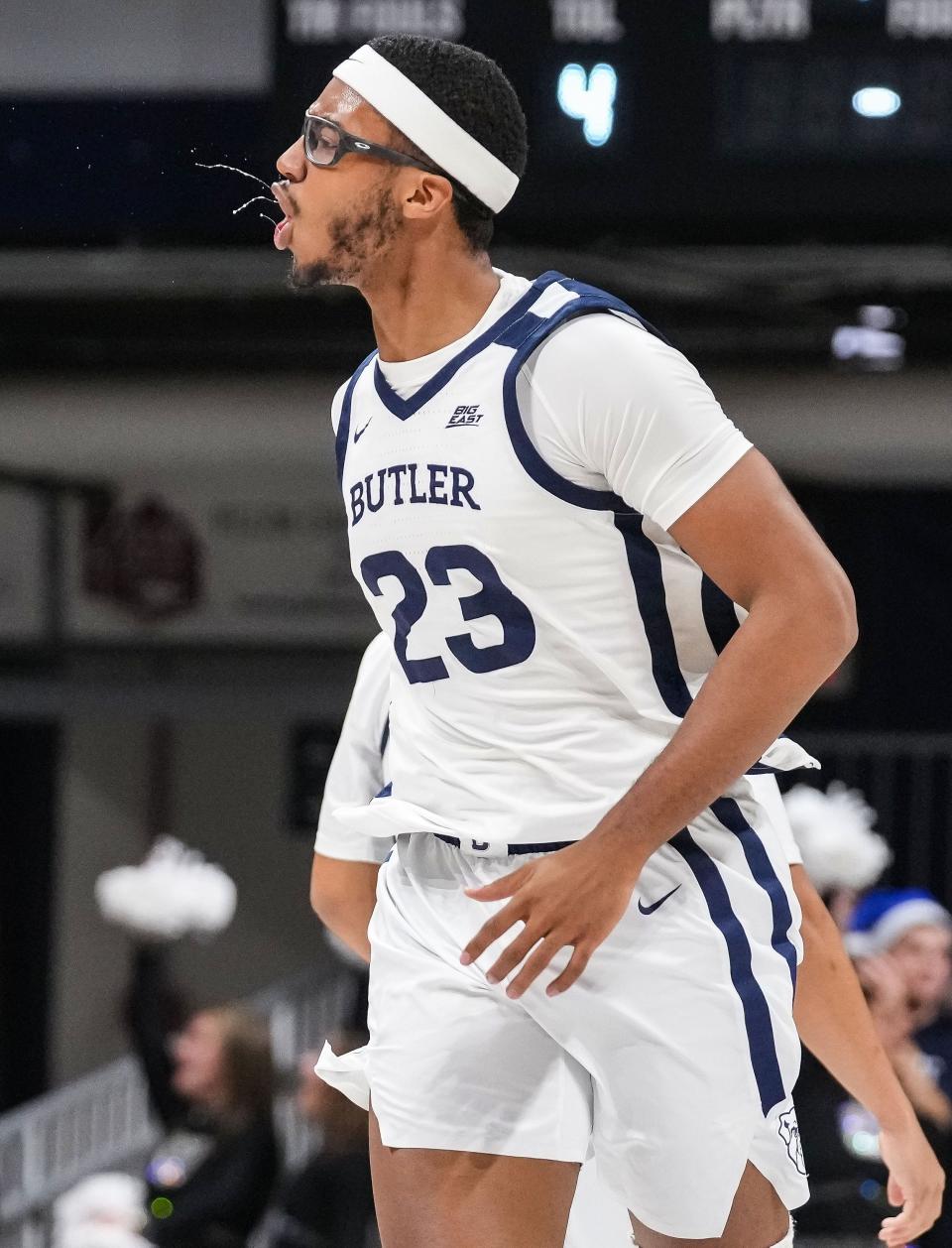 Butler Bulldogs center Andre Screen (23) yells in excitement Tuesday, Dec. 5, 2023, during the game at Hinkle Fieldhouse in Indianapolis.