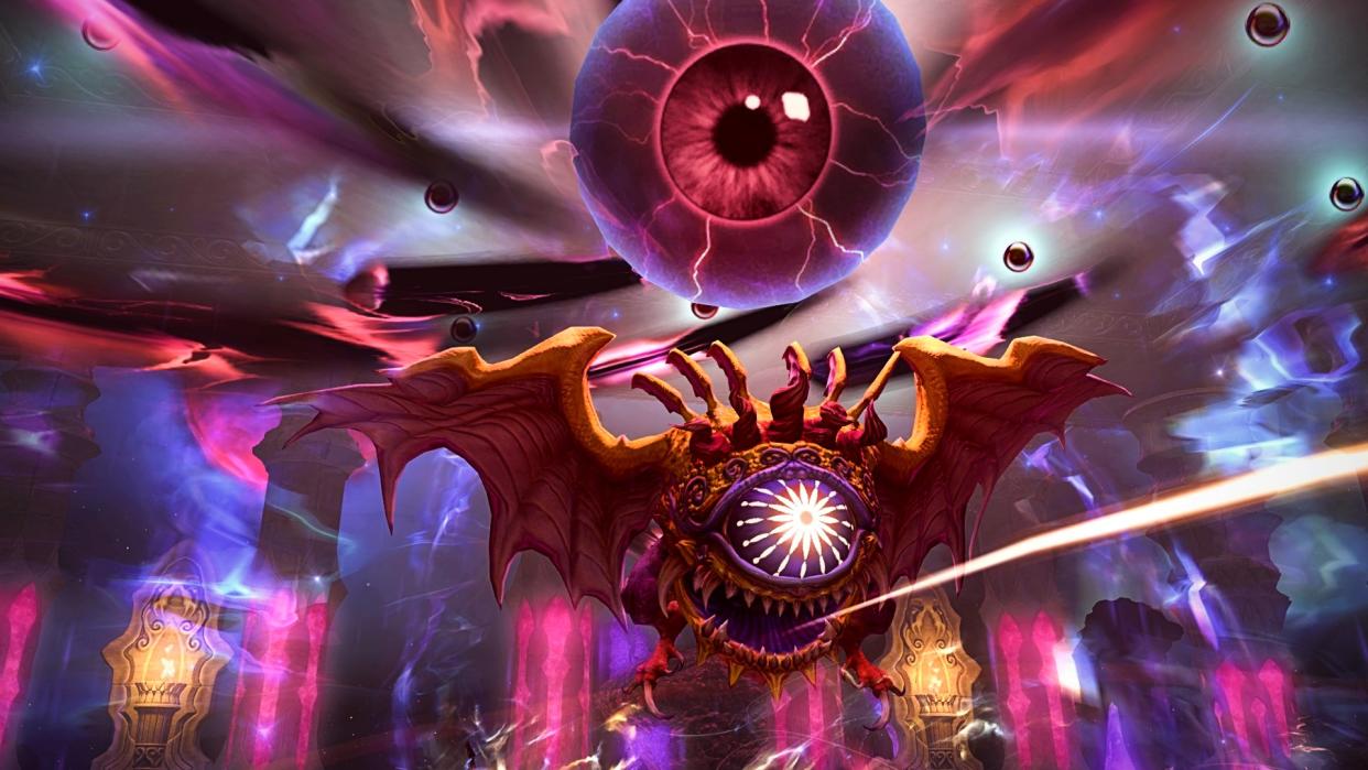  A one-eyed enemy dominates the screen in Final Fantasy 14's Crystal Tower raid. 