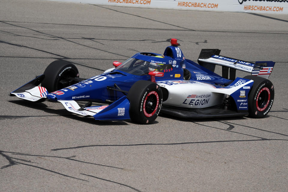 Alex Palou, of Spain, drives his car during practice for an IndyCar Series auto race, Friday, July 21, 2023, at Iowa Speedway in Newton, Iowa. (AP Photo/Charlie Neibergall)