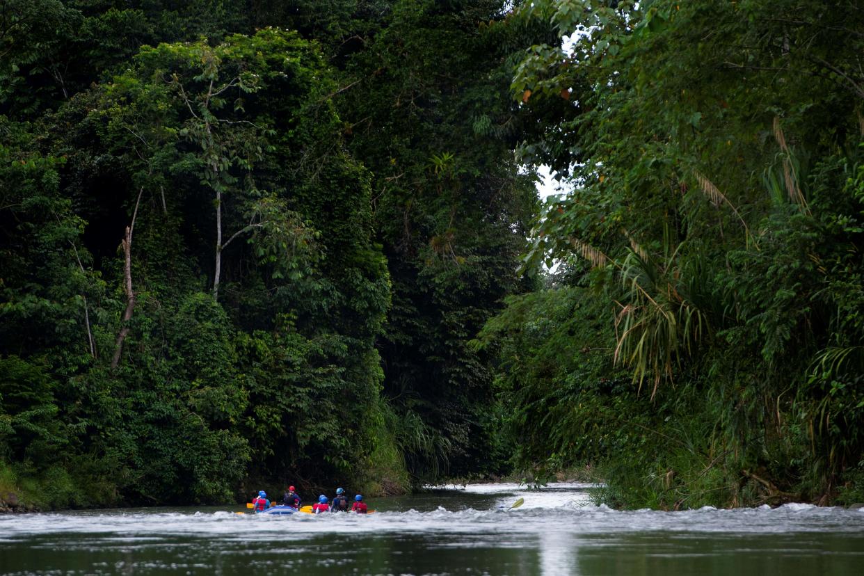 A group of tourists takes a tour on the Sarapiqui river on a farm where plantations compensate the carbon footprint of its visitors, in Heredia, Sarapiqui, Costa Rica, on October 28, 2020. - Costa Rica reported that tourists will be able to offset the carbon footprint generated by their flights and land travel with the aim of supporting the green economy the country promotes internationally. The initiative includes tree planting, protection of hydrographic basins, natural regeneration, and implementation of agroforestry systems on farms. (Photo by Ezequiel BECERRA / AFP) (Photo by EZEQUIEL BECERRA/AFP via Getty Images)