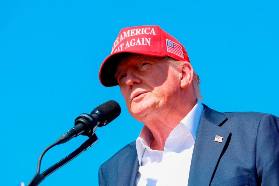 PHOTO: Republican presidential candidate, former U.S. President Donald Trump speaks during a rally at Greenbrier Farms June 28, 2024 in Chesapeake, Virginia. (Anna Moneymaker/Getty Images)