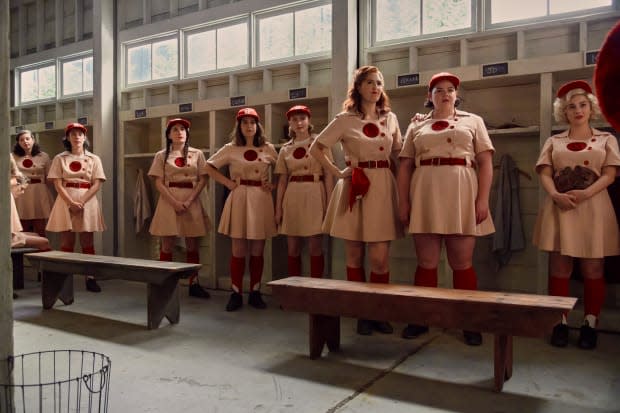 The Rockford Peaches, left to right: Lupe (Roberta Colindrez), Shirley (Kate Berlant), Carson (Jacobson), Greta (Carden), Jo (Melanie Field) and Maybelle (Molly Ephraim).<br><p>Photo: Courtesy of Amazon Studios</p>