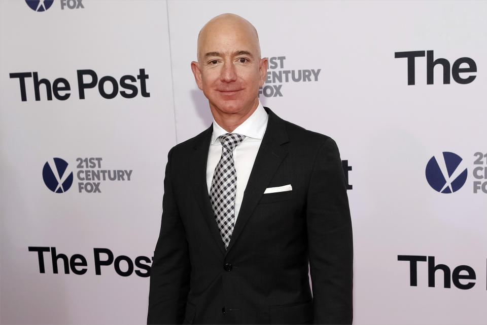 FILE - In this Dec. 14, 2017, file photo, Jeff Bezos attends the premiere of "The Post" at The Newseum in Washington. United Nations experts on Wednesday, Jan. 22, 2020 have called for "immediate investigation" by the United States into information they received that suggests that Jeff Bezos' phone was hacked after receiving a file sent from Saudi Crown Prince Mohammed bin Salman's WhatsApp account. (Photo by Brent N. Clarke/Invision/AP, File)