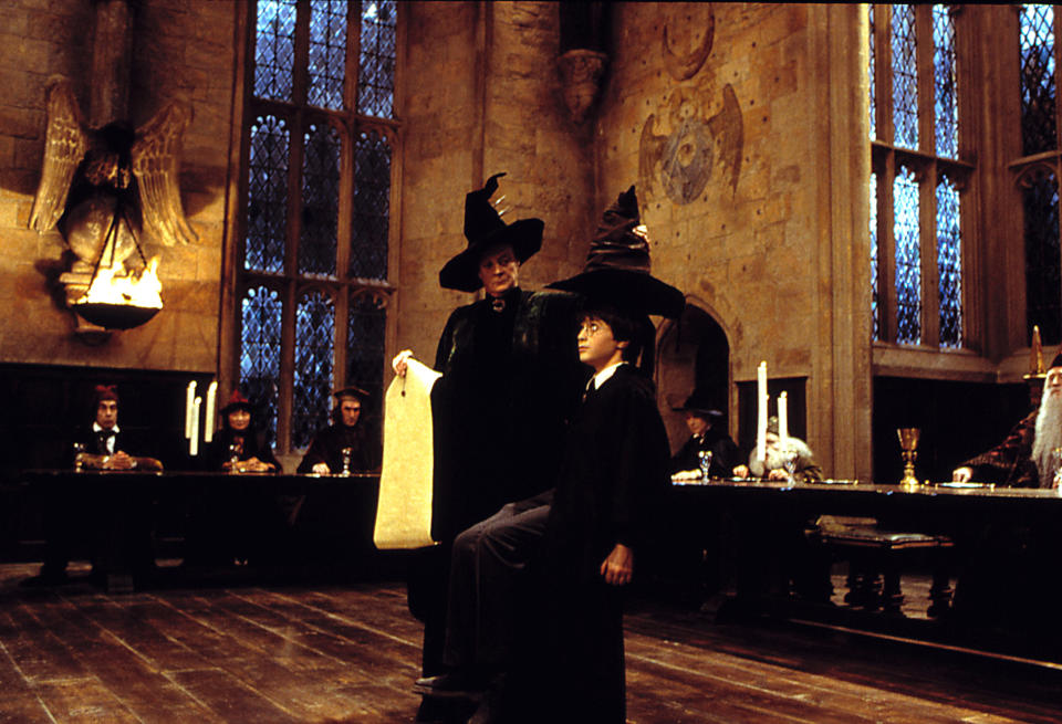 Characters from Harry Potter, including Professor McGonagall (standing) and Harry Potter (seated), are in the Great Hall during a sorting ceremony with the Sorting Hat