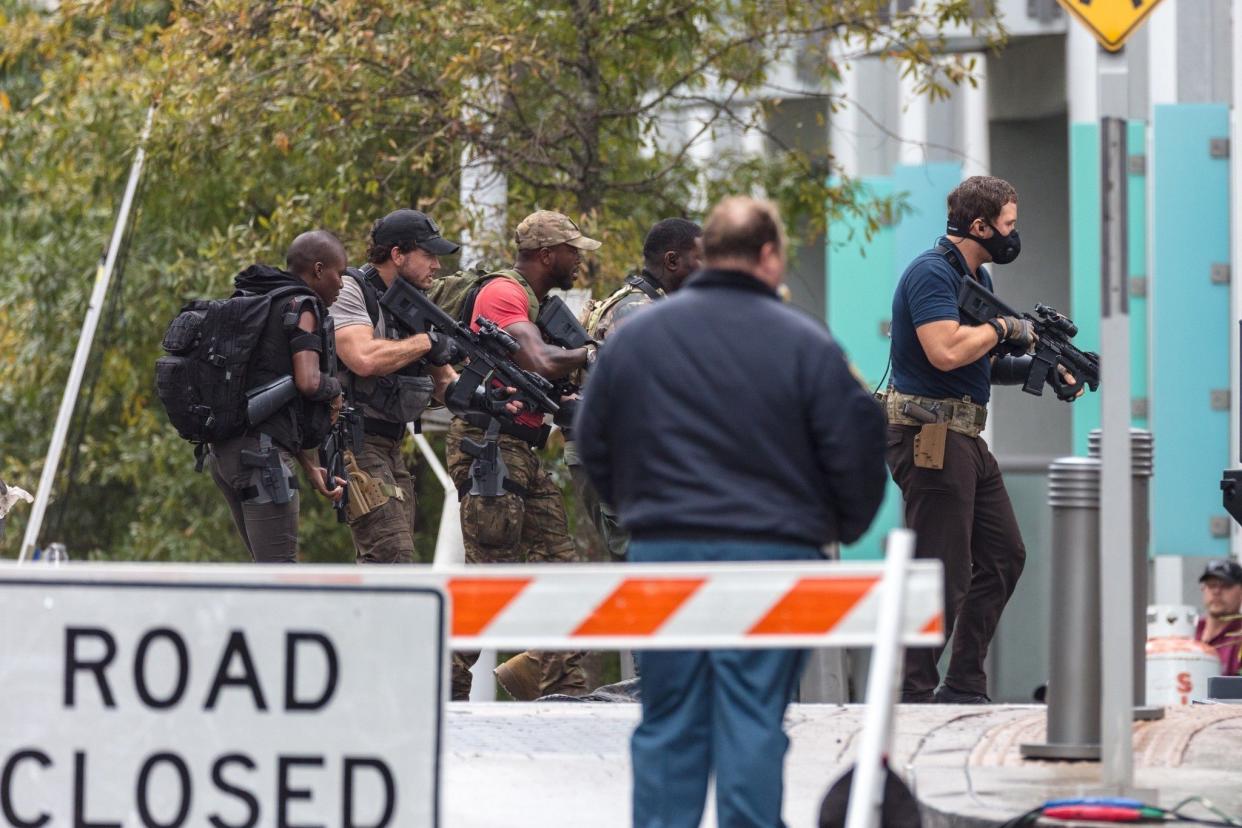 Chris Pratt, right, is seen getting into character on the set of "Ghost Draft,” a new sci-fi film directed by Chris McKay, in Atlanta, Ga. on Oct. 26, 2019.