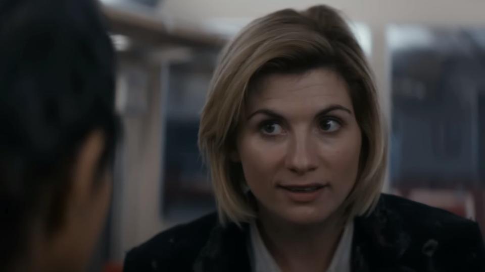 Jode Whittaker as The Doctor wearing the 12th Doctor's clothes.