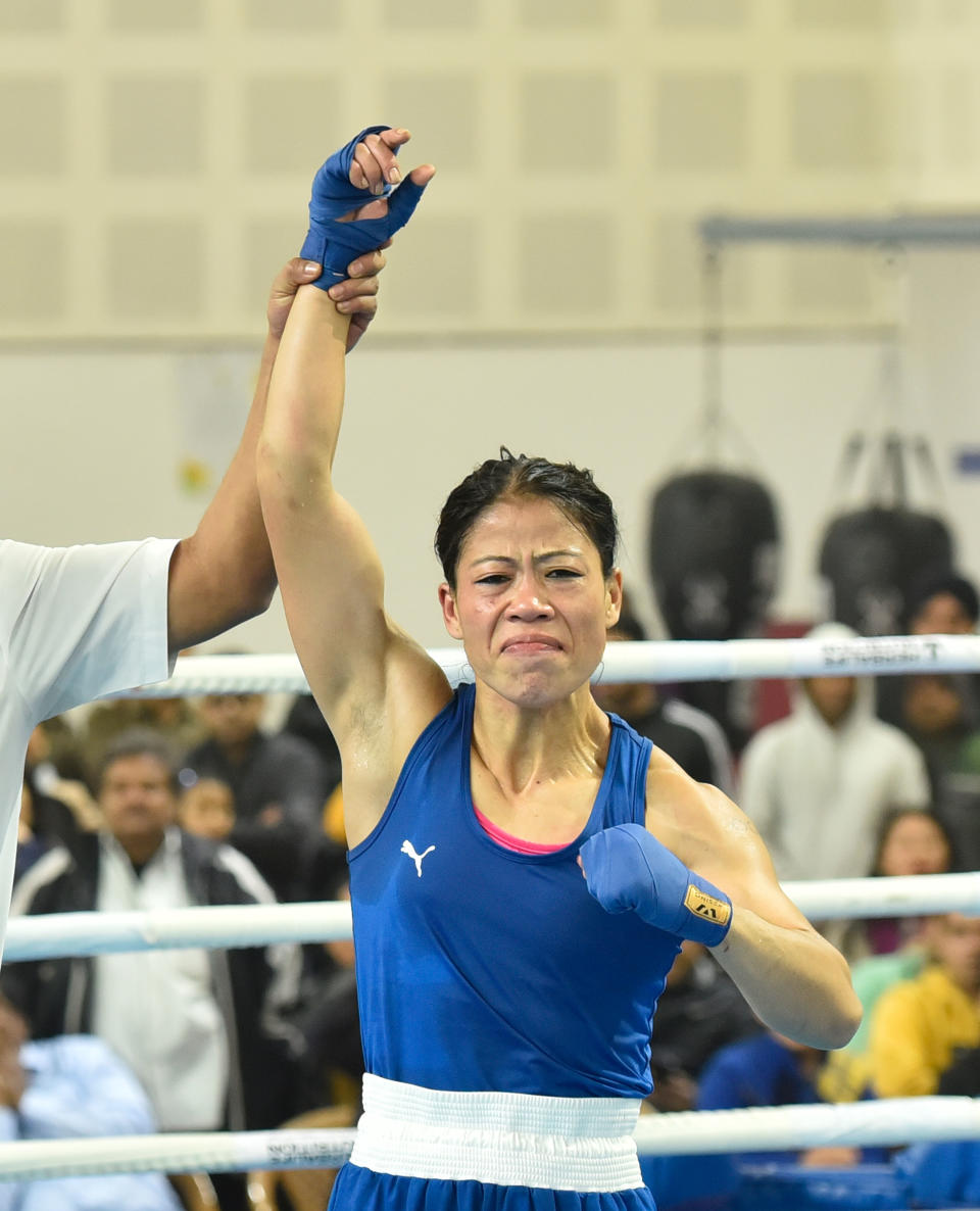 NEW DELHI, INDIA  DECEMBER 28: Mary Kom reacts to her win against Nikhat Zareen during their 51kg category finals bout of the women's boxing trials for Olympics 2020 qualifiers at Indira Gandhi Indore Stadium, on December 28, 2019 in New Delhi, India. Mary Kom (51kg), six-time world champion, defeated Nikhat Zareen in a split verdict trial bout to make the Indian team for next year's Olympic qualifiers in China. (Photo by Sanjeev Verma/Hindustan Times via Getty Images)