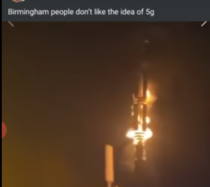 Screengrab of the video showing an apparent arson attack on a EE 5G mast in Birmingham, UK. 